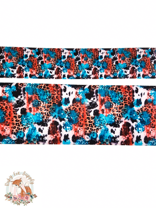 Teal Cow Cheetah Print Splatter 3"/1.5" Ribbon