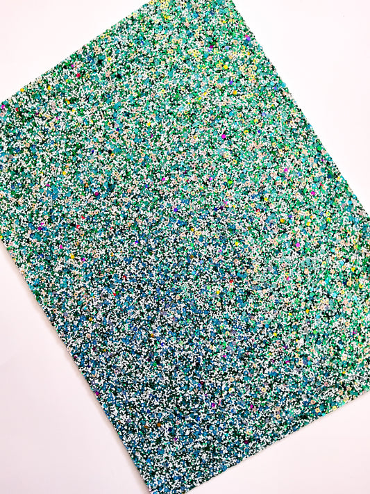 Green and White Sequin Chunky Glitter 9x12 faux leather sheet