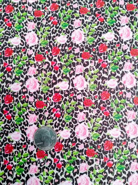 Red and Pink Leopard Print Roses 9x12 faux leather sheet