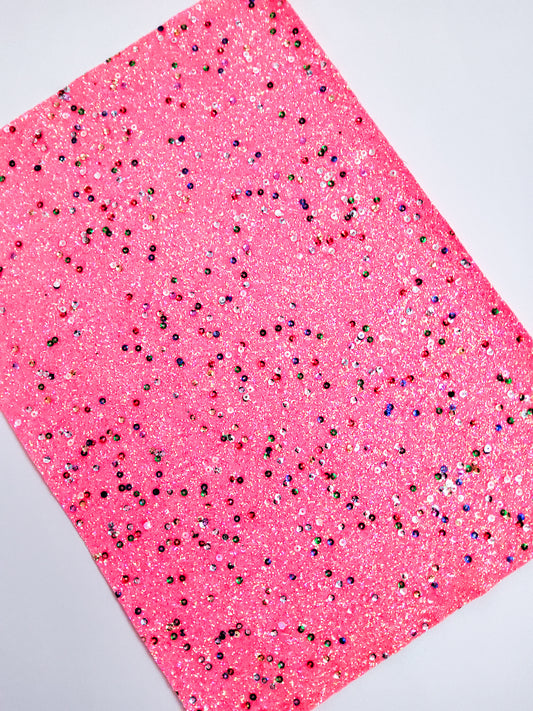 Hot Pink Sequin Chunky Glitter 9x12 faux leather sheet