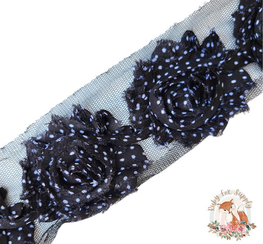 Black Polka Dot Shabby Flower - 10 flowers