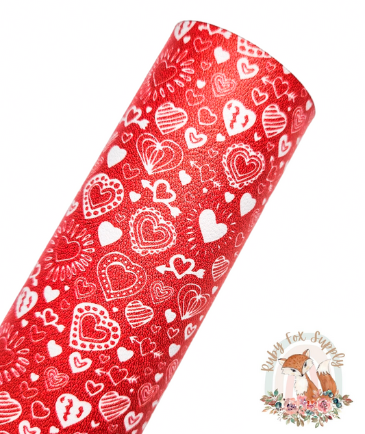 Red Patterned Hearts 9x12 faux leather sheet