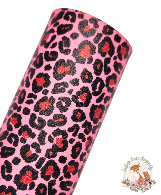 Pink and Red Leopard Print 9x12 faux leather sheet