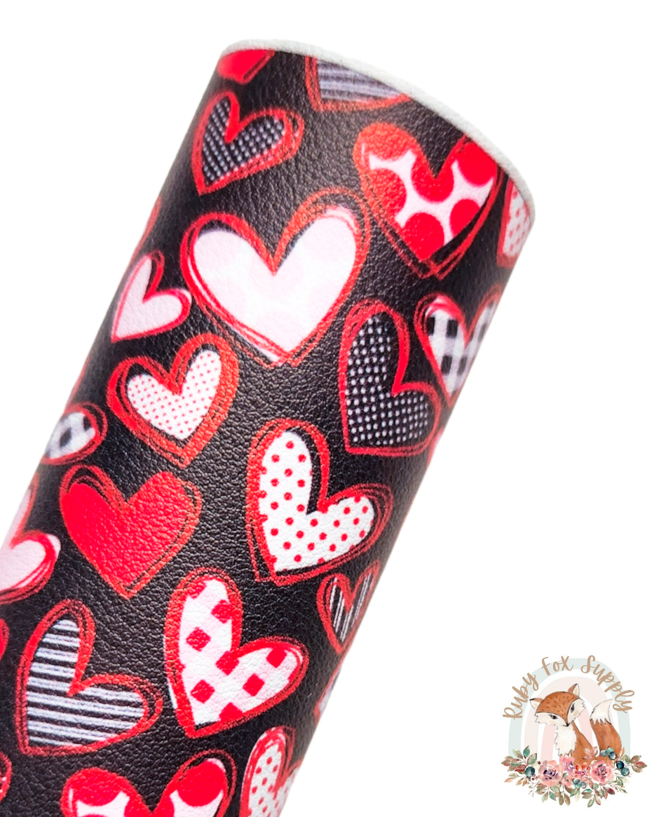 Patterned Hearts Black 9x12 faux leather sheet