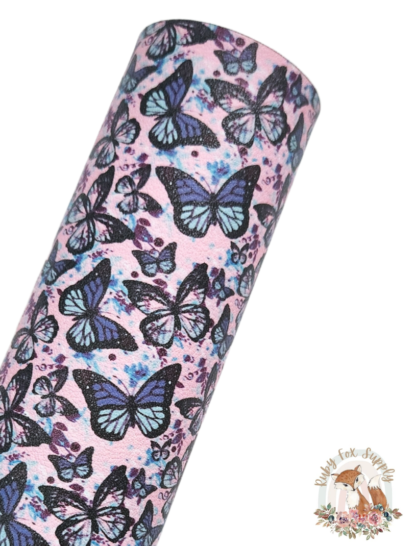 Blue Pink Butterflies 9x12 faux leather sheet