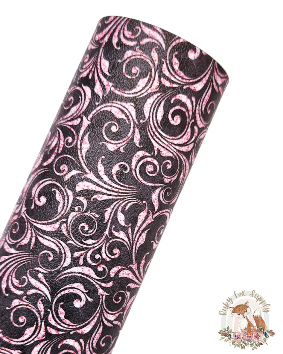 Fancy Black Pink Swirls 9x12 faux leather sheet