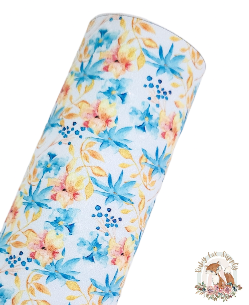 Blue Orange Floral 9x12 faux leather sheet