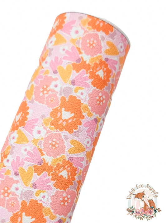 Lovely Pink Orange Yellow Floral 9x12 faux leather sheet